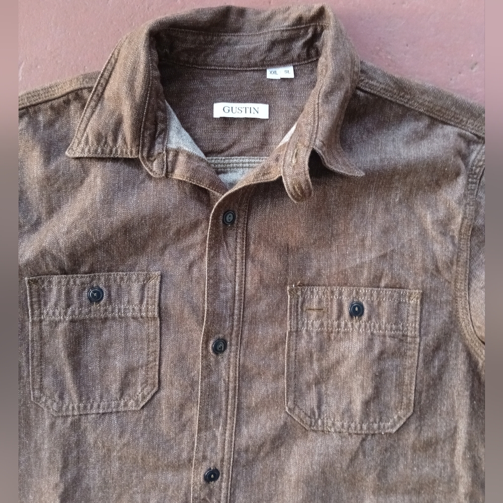 Gustin Mens #47 Rust Brown Workshirt XXL SL Raw Denim Japan Chip Strap